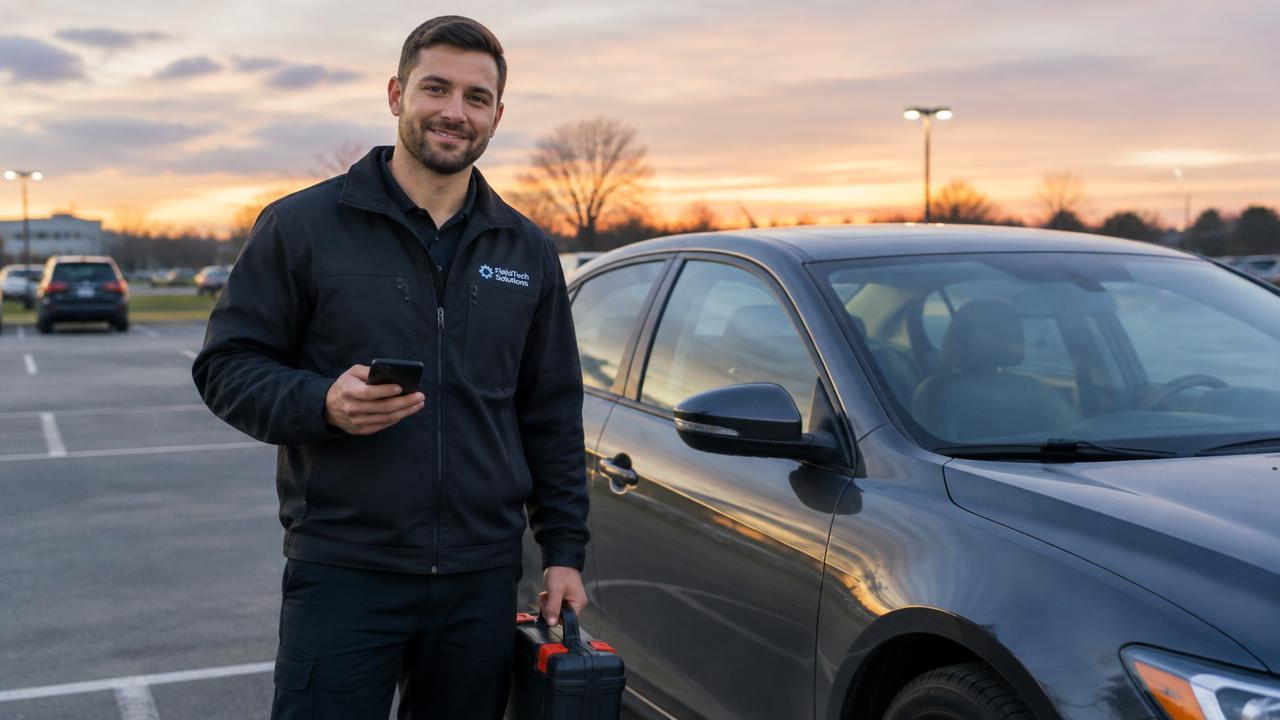 Locksmith technician beside a car in a parking lot at dusk