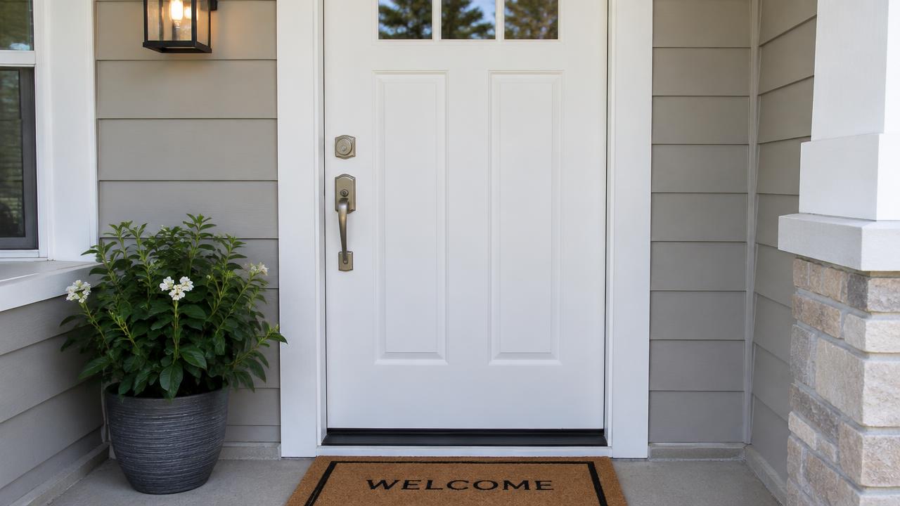 Front door of a house with a deadbolt and handle set